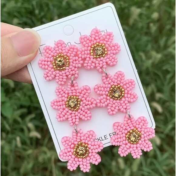 3 Three Pink Seed Beaded Flower Dangle 3.1" L Earrings - Picture 4 of 6